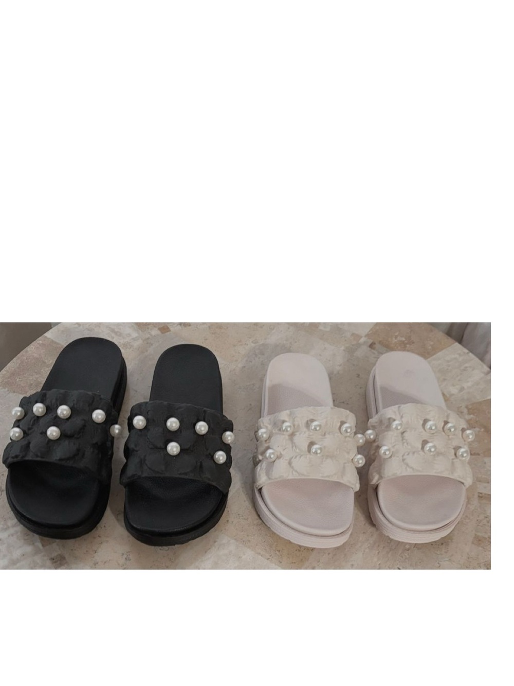 Black & White Slide Sandals Flip Flops Pearls Summer Shoes Beach FootWear 9 & 10